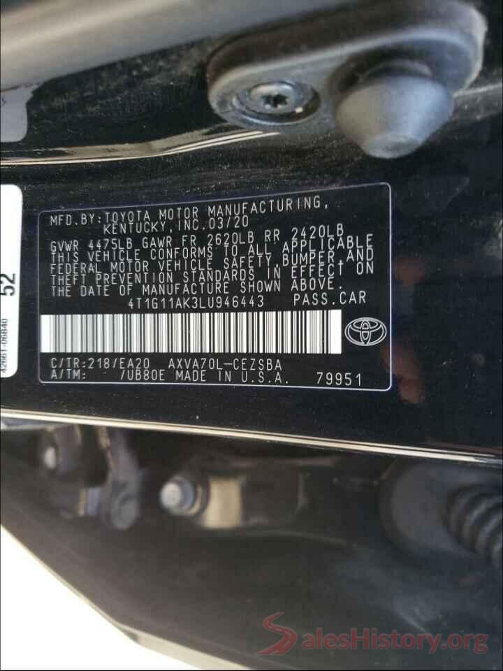 4T1G11AK3LU946443 2020 TOYOTA CAMRY