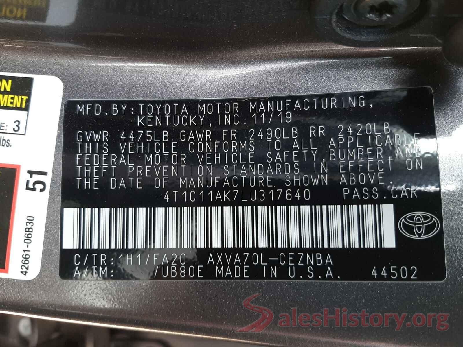 4T1C11AK7LU317640 2020 TOYOTA CAMRY