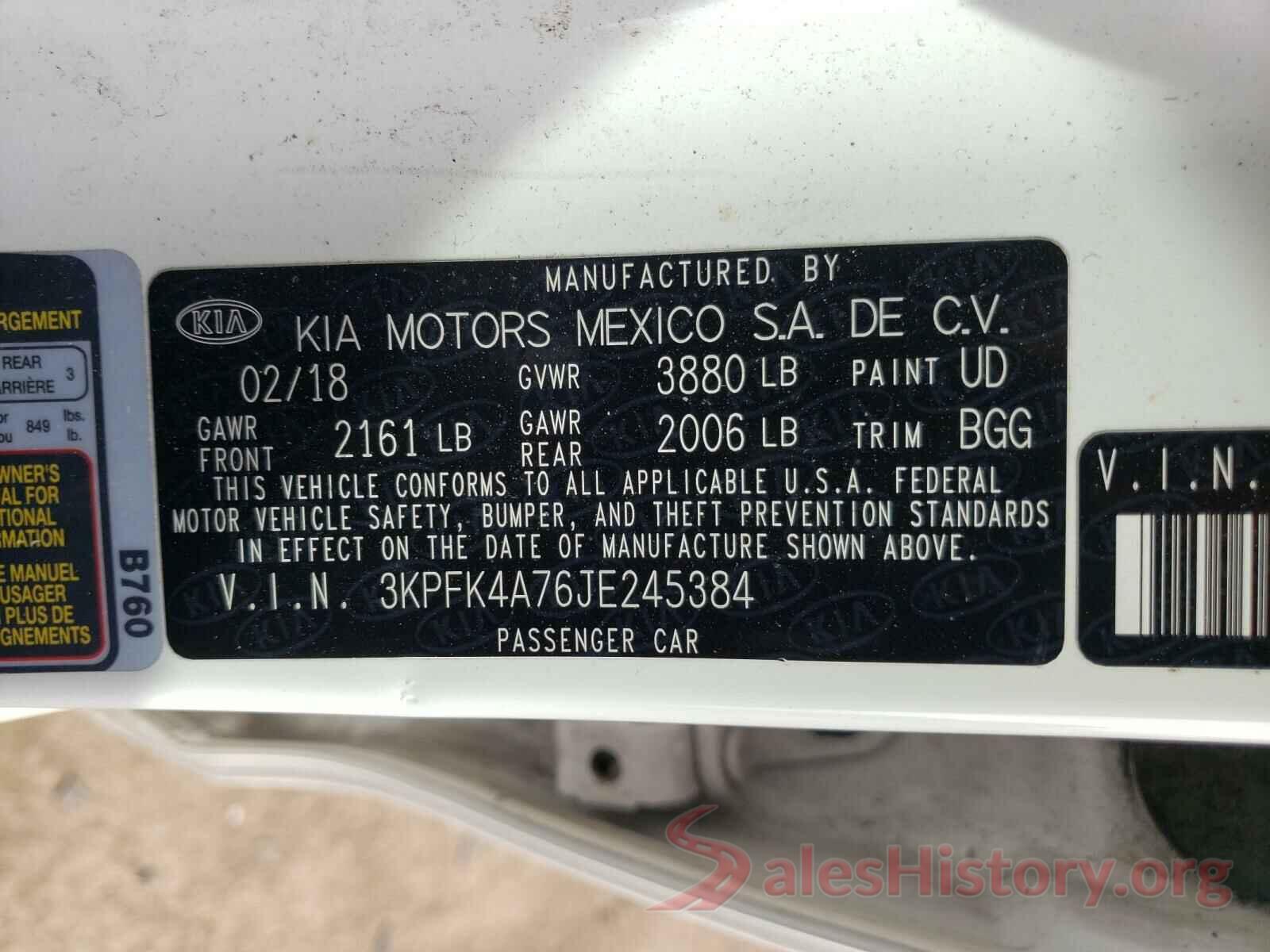 3KPFK4A76JE245384 2018 KIA FORTE