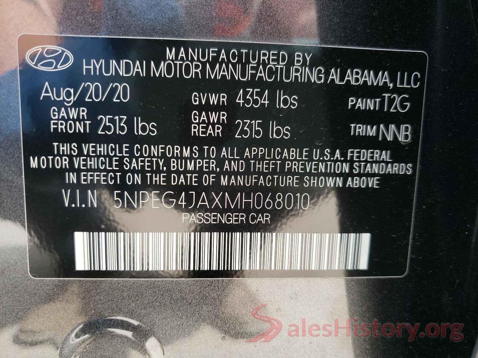 5NPEG4JAXMH068010 2021 HYUNDAI SONATA