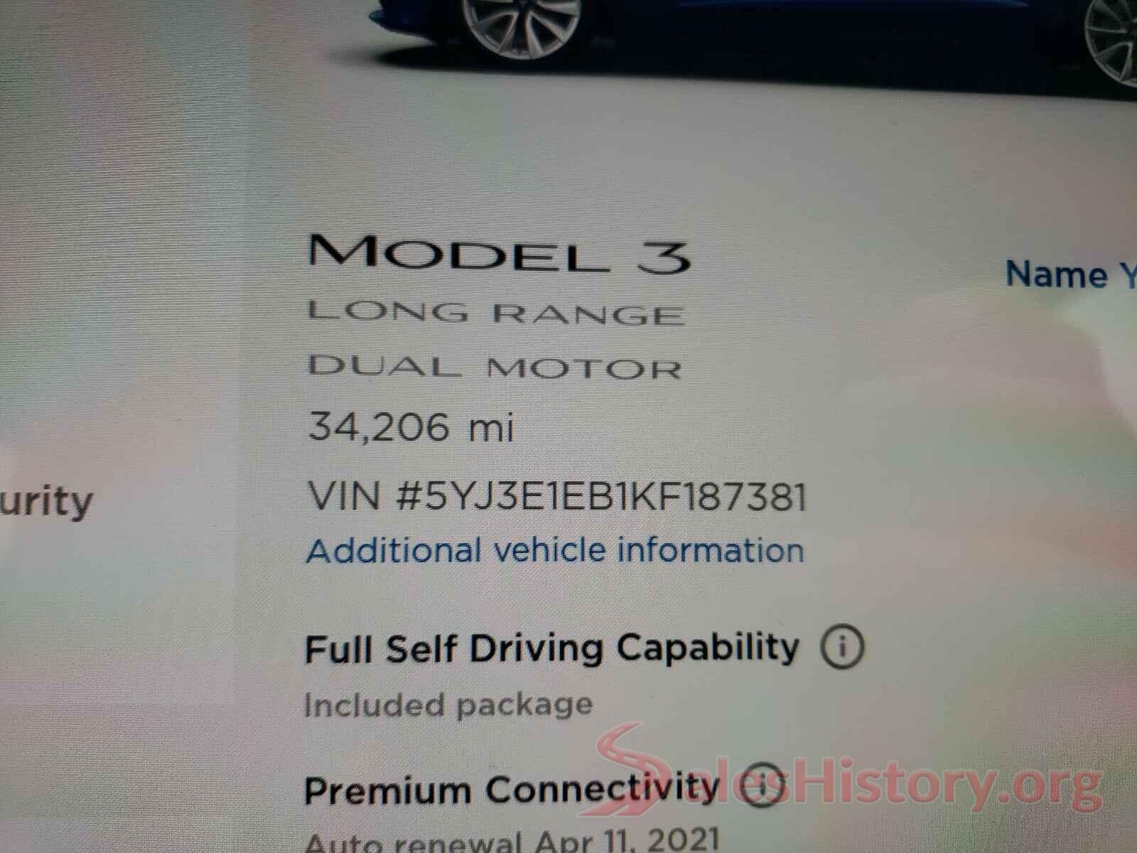 5YJ3E1EB1KF187381 2019 TESLA MODEL 3