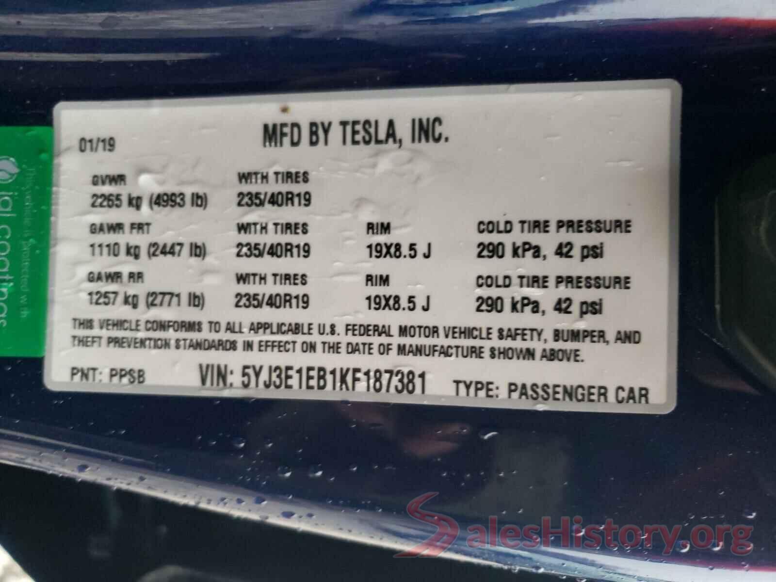 5YJ3E1EB1KF187381 2019 TESLA MODEL 3