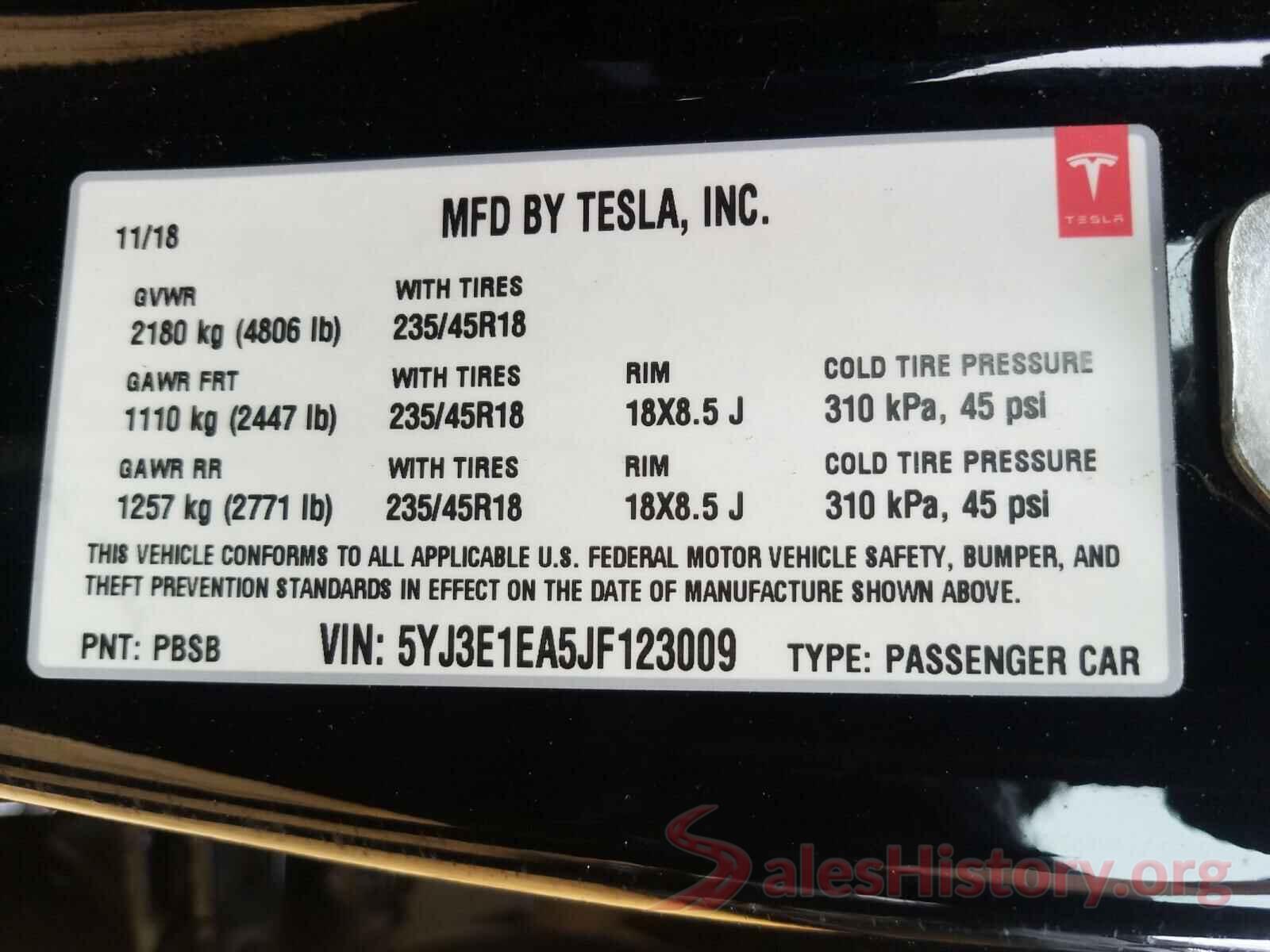 5YJ3E1EA5JF123009 2018 TESLA MODEL 3