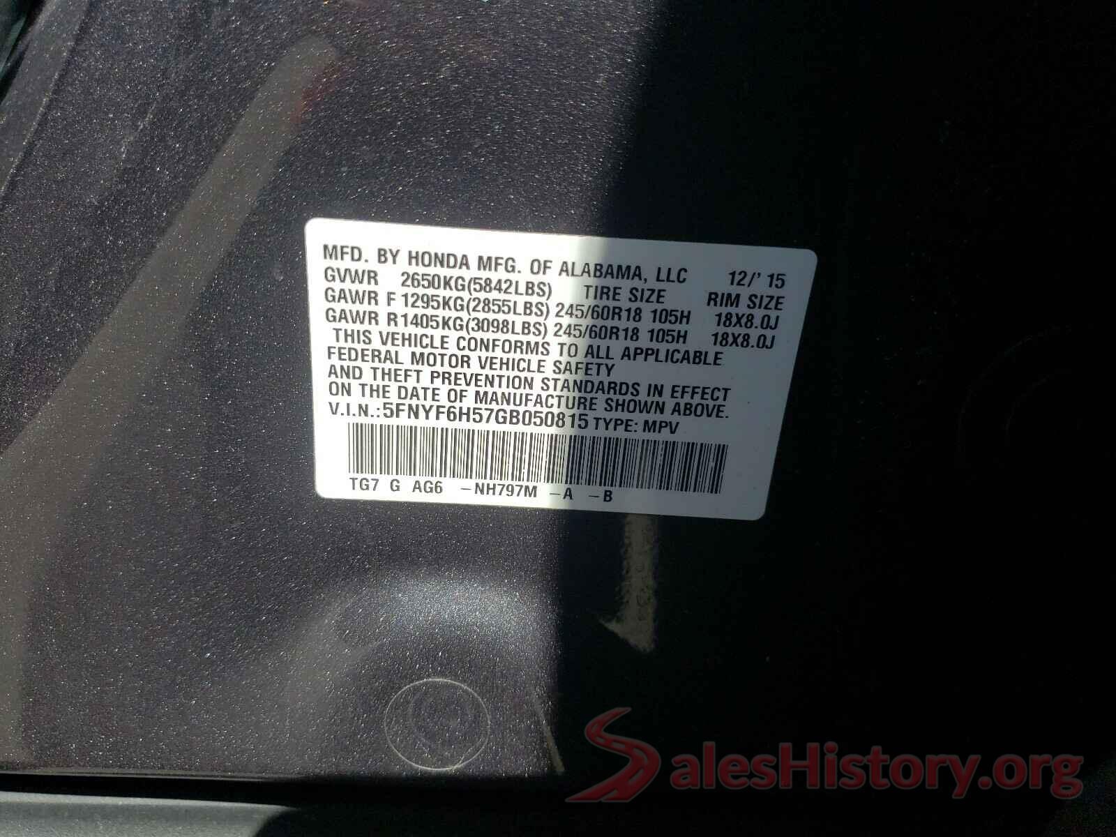 5FNYF6H57GB050815 2016 HONDA PILOT