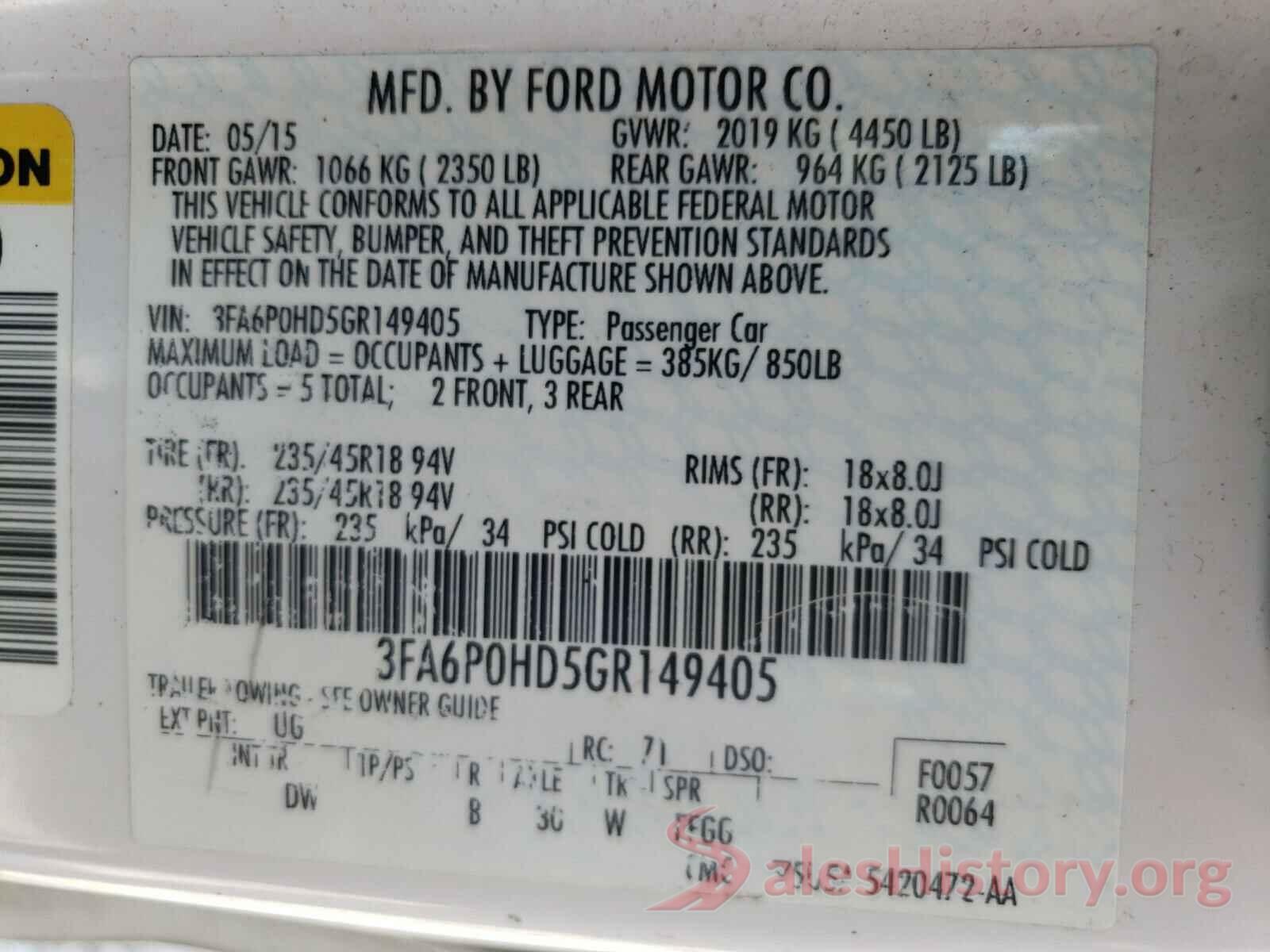 3FA6P0HD5GR149405 2016 FORD FUSION