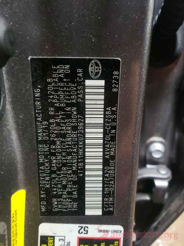 4T1B11HKXKU739627 2019 TOYOTA CAMRY