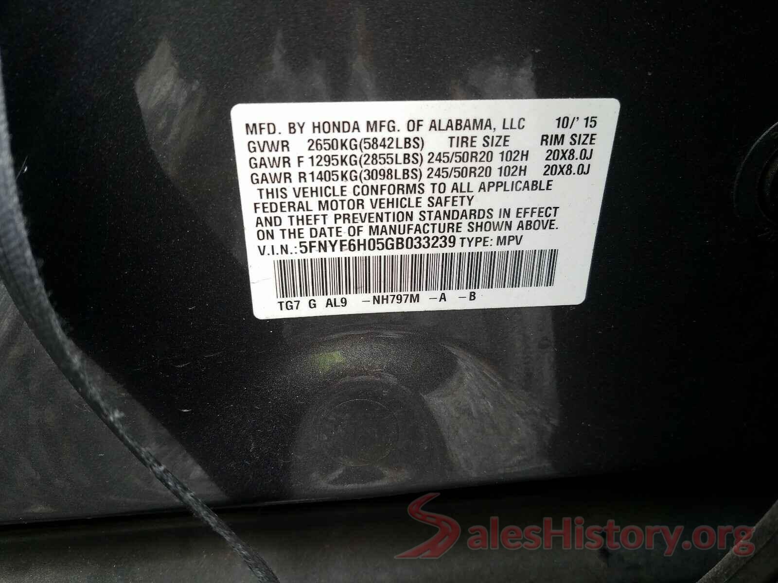 5FNYF6H05GB033239 2016 HONDA PILOT