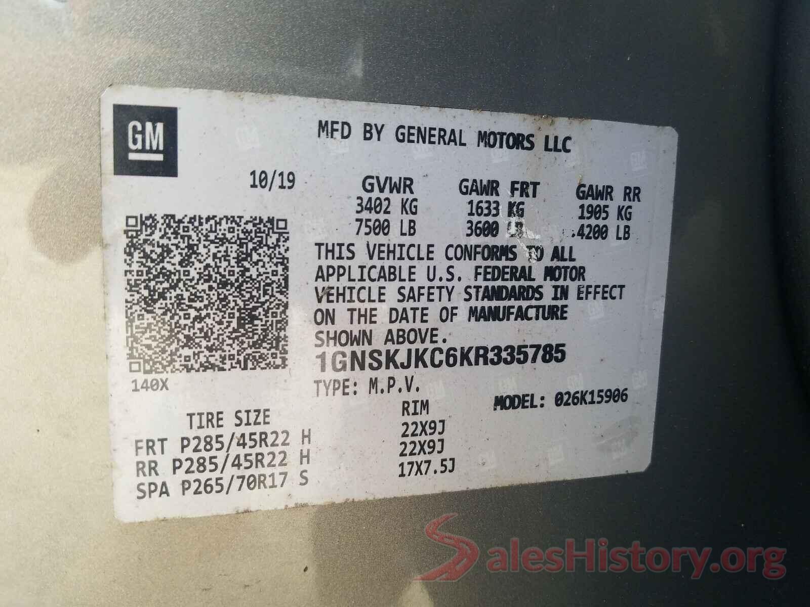 1GNSKJKC0KR325785 2019 CHEVROLET SUBURBAN