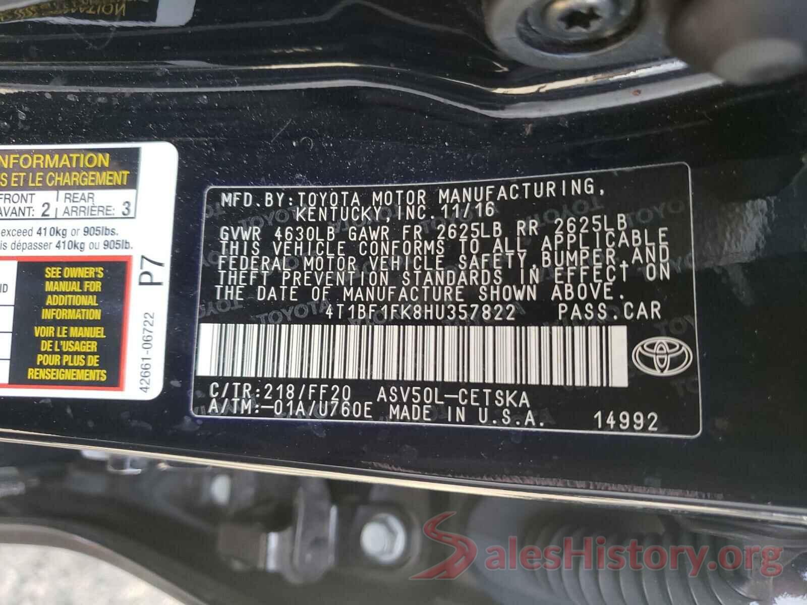 4T1BF1FK8HU357822 2017 TOYOTA CAMRY