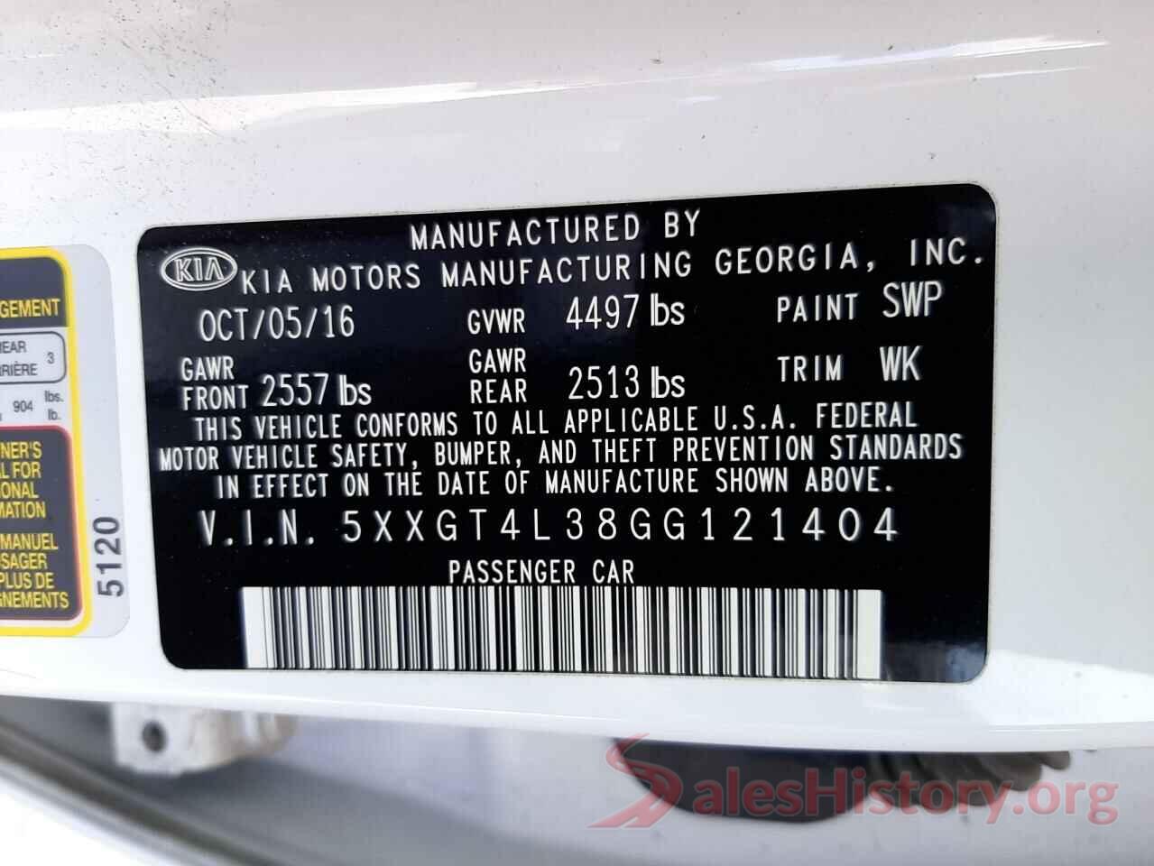 5XXGT4L38GG121404 2016 KIA OPTIMA