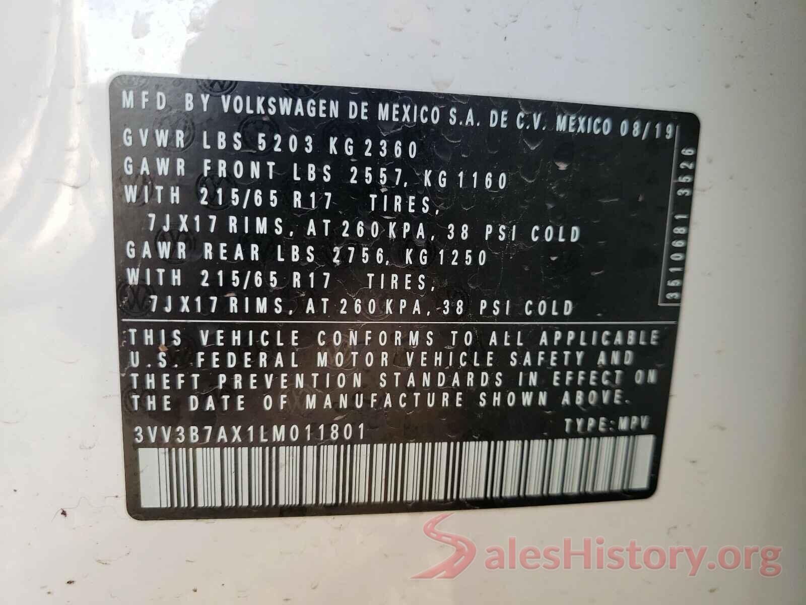 3VV3B7AX1LM011801 2020 VOLKSWAGEN TIGUAN