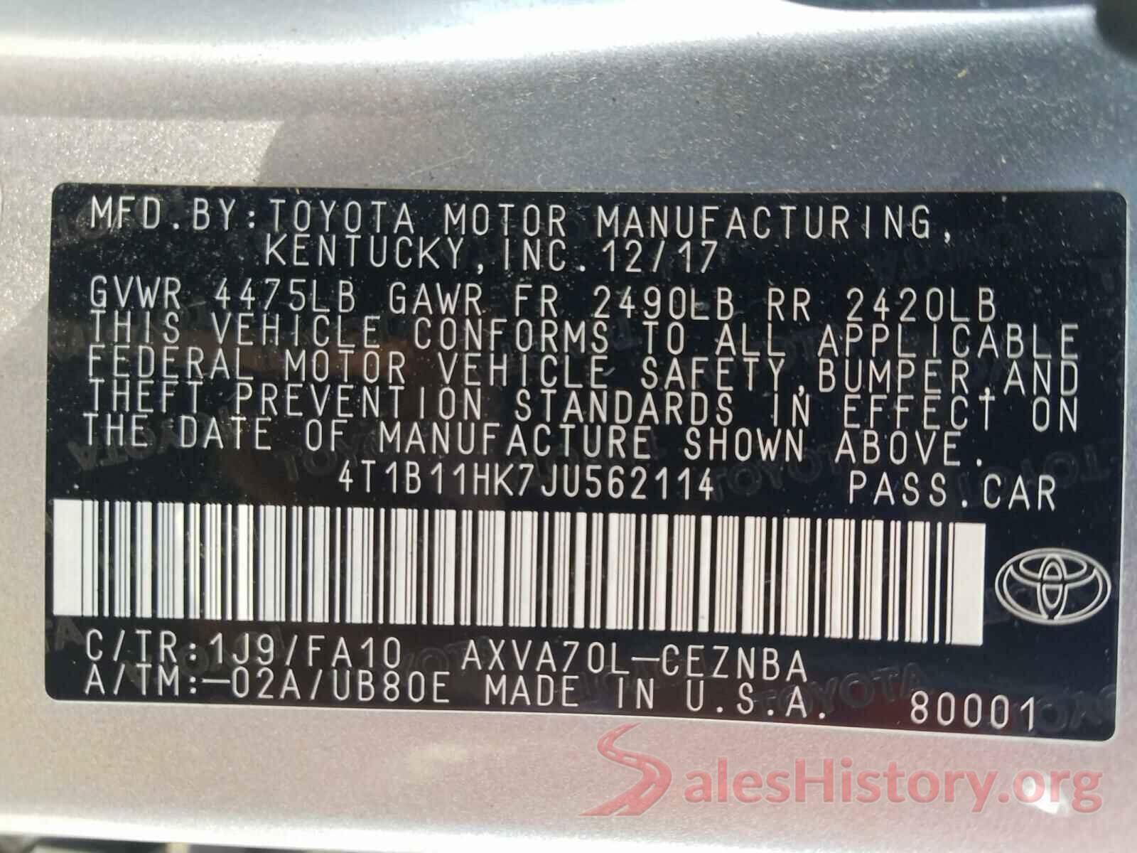 4T1B11HK7JU562114 2018 TOYOTA CAMRY