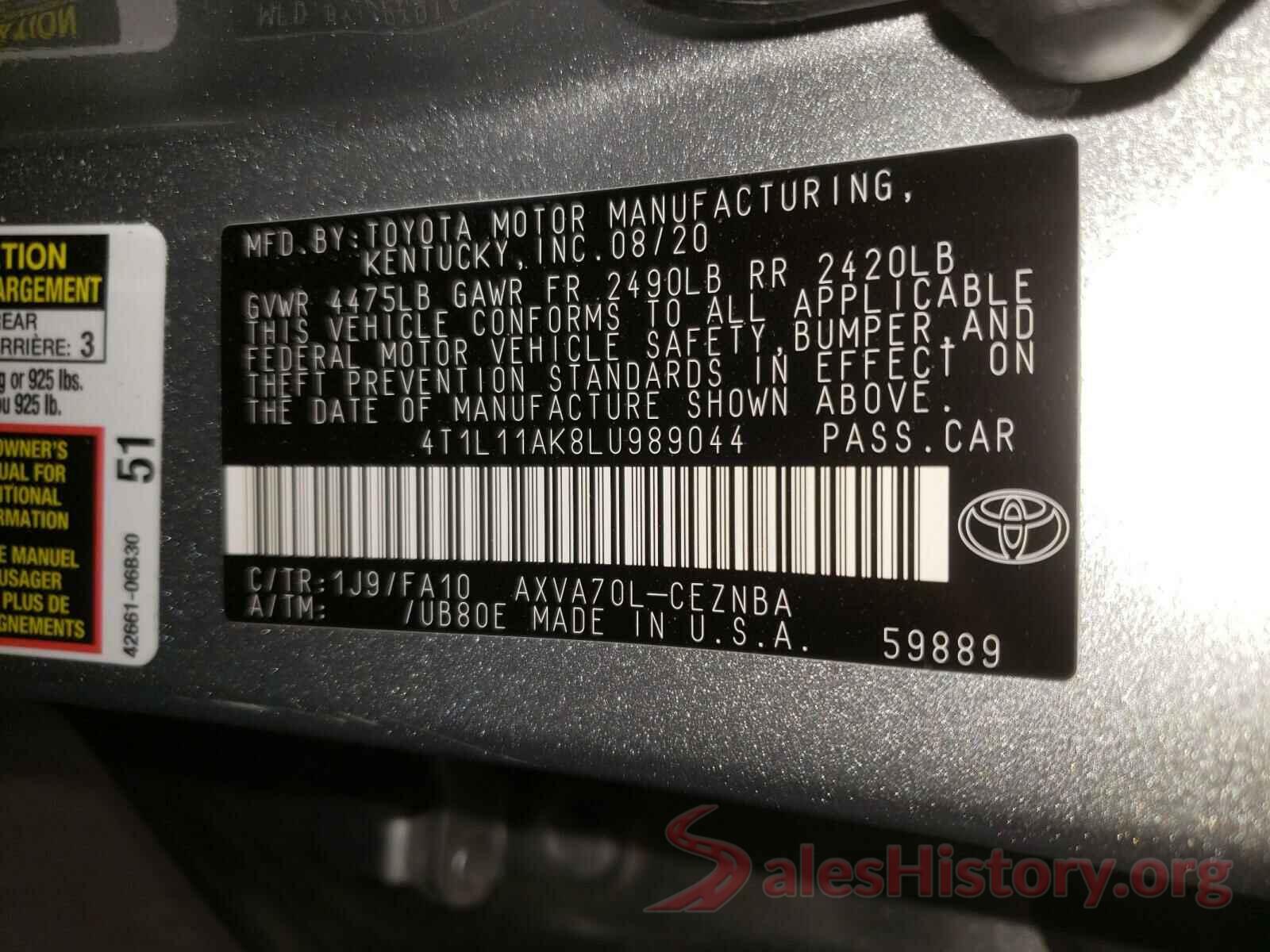 4T1L11AK8LU989044 2020 TOYOTA CAMRY