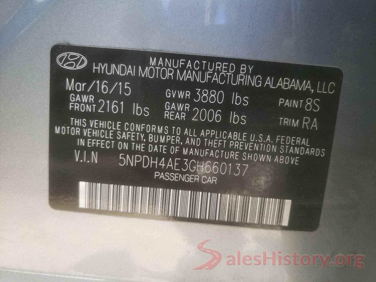 5NPDH4AE3GH660137 2016 HYUNDAI ELANTRA