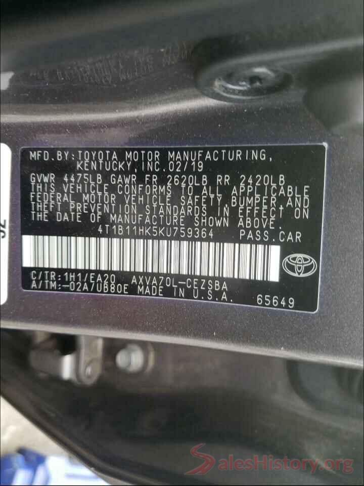 4T1B11HK5KU759364 2019 TOYOTA CAMRY