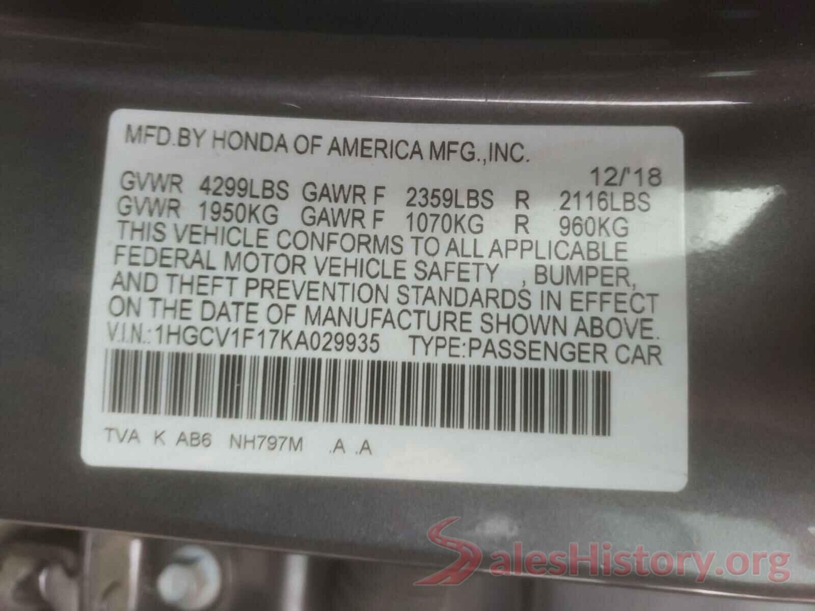 1HGCV1F17KA029935 2019 HONDA ACCORD