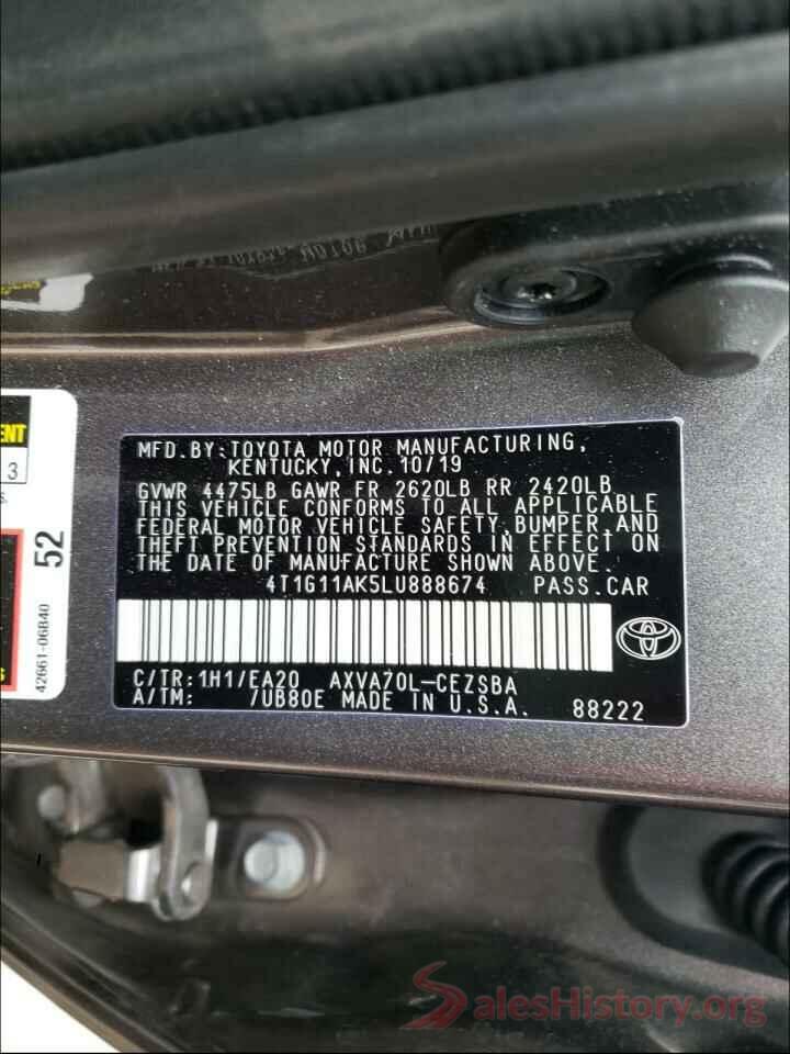 4T1G11AK5LU888674 2020 TOYOTA CAMRY