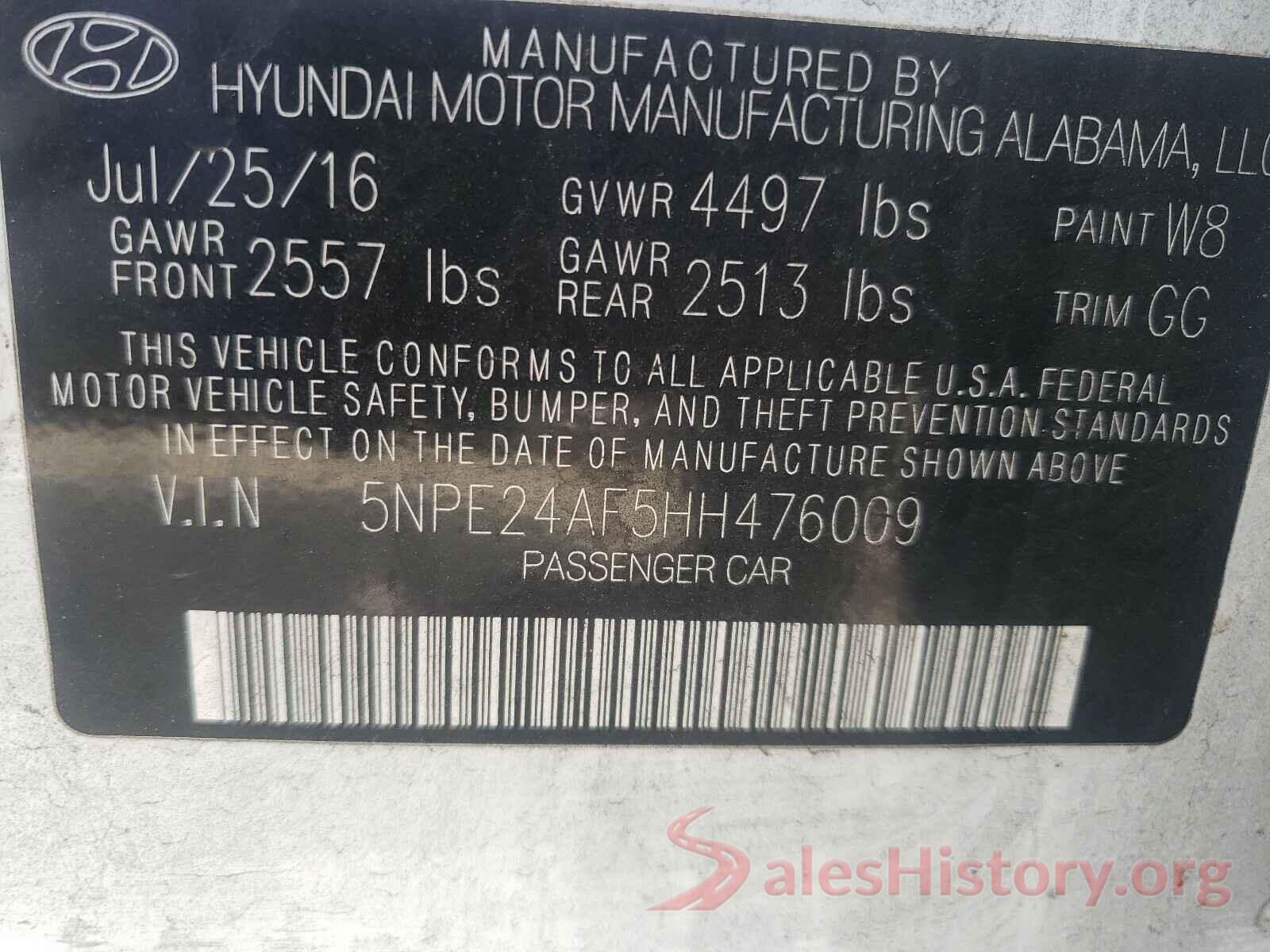 5NPE24AF5HH476009 2017 HYUNDAI SONATA