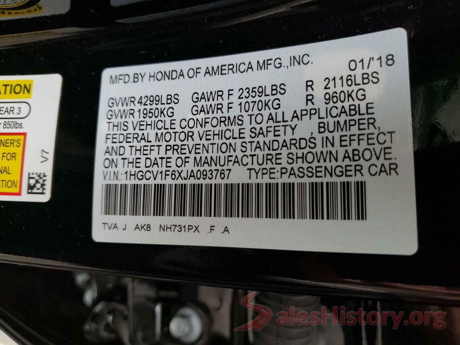 1HGCV1F6XJA093767 2018 HONDA ACCORD