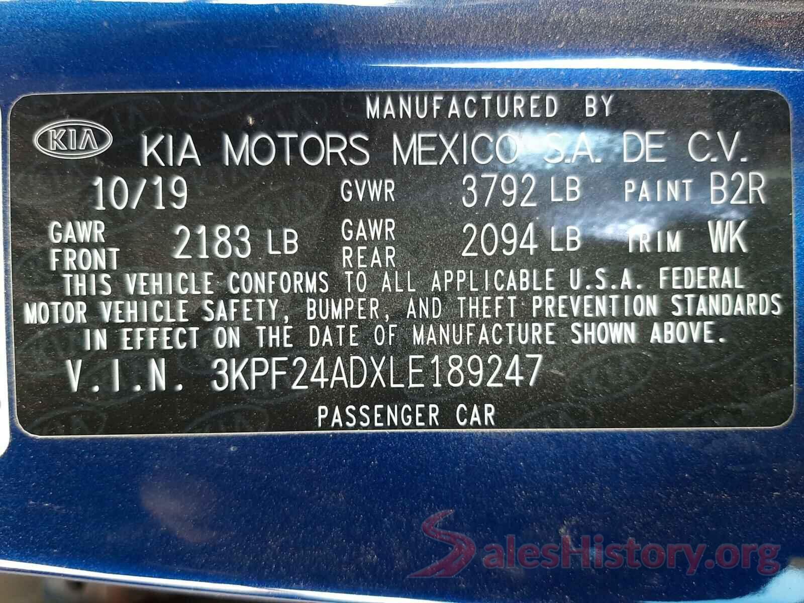 3KPF24ADXLE189247 2020 KIA FORTE