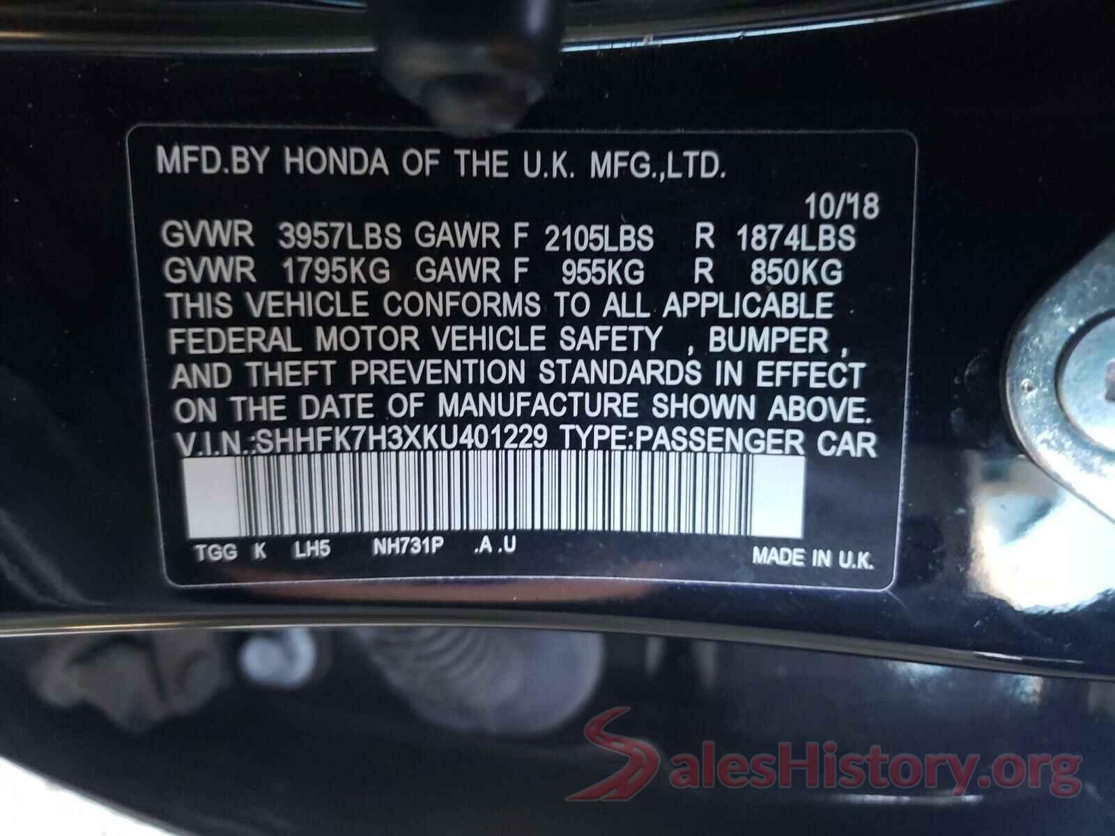 SHHFK7H3XKU401229 2019 HONDA CIVIC