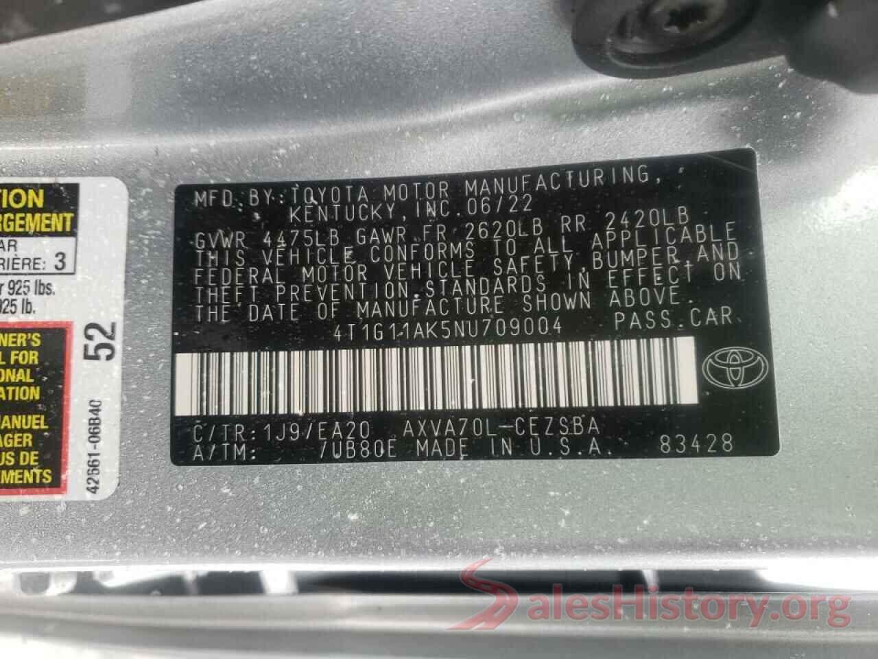 4T1G11AK5NU709004 2022 TOYOTA CAMRY