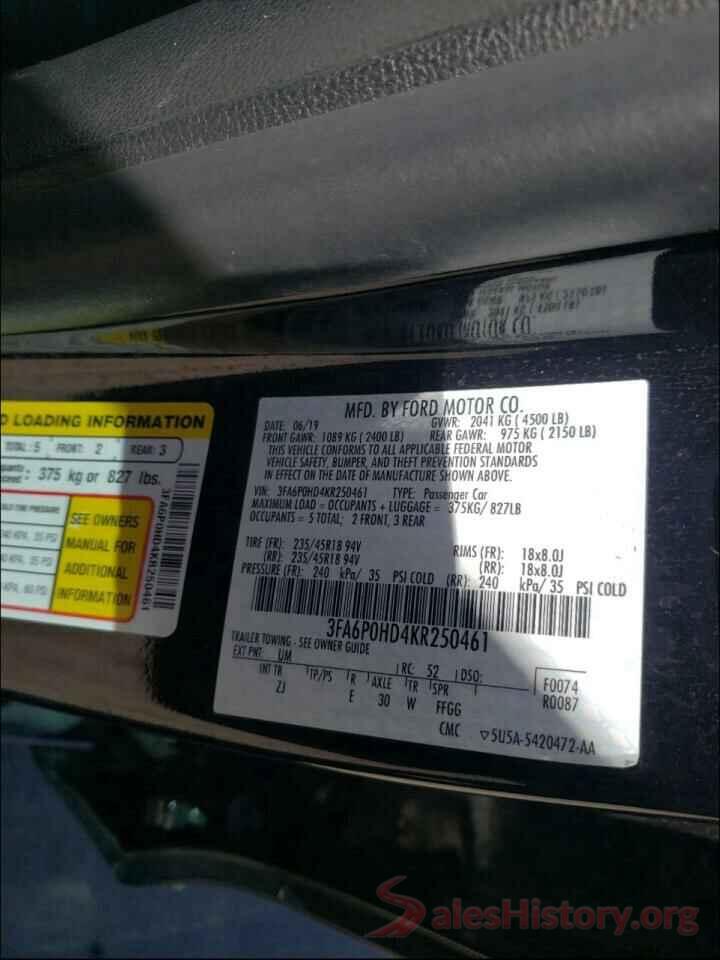 3FA6P0HD4KR250461 2019 FORD FUSION