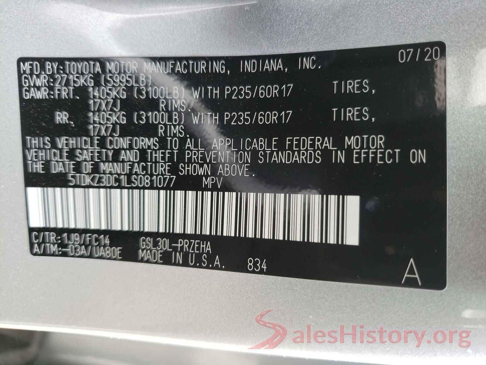 5TDKZ3DC1LS081077 2020 TOYOTA SIENNA