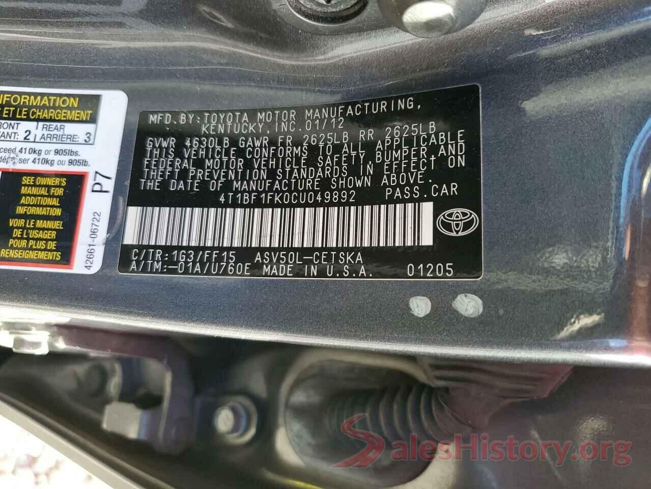 4T1BF1FK0CU049892 2012 TOYOTA CAMRY