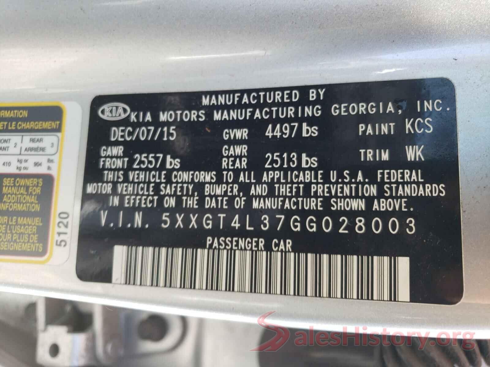 5XXGT4L37GG028003 2016 KIA OPTIMA