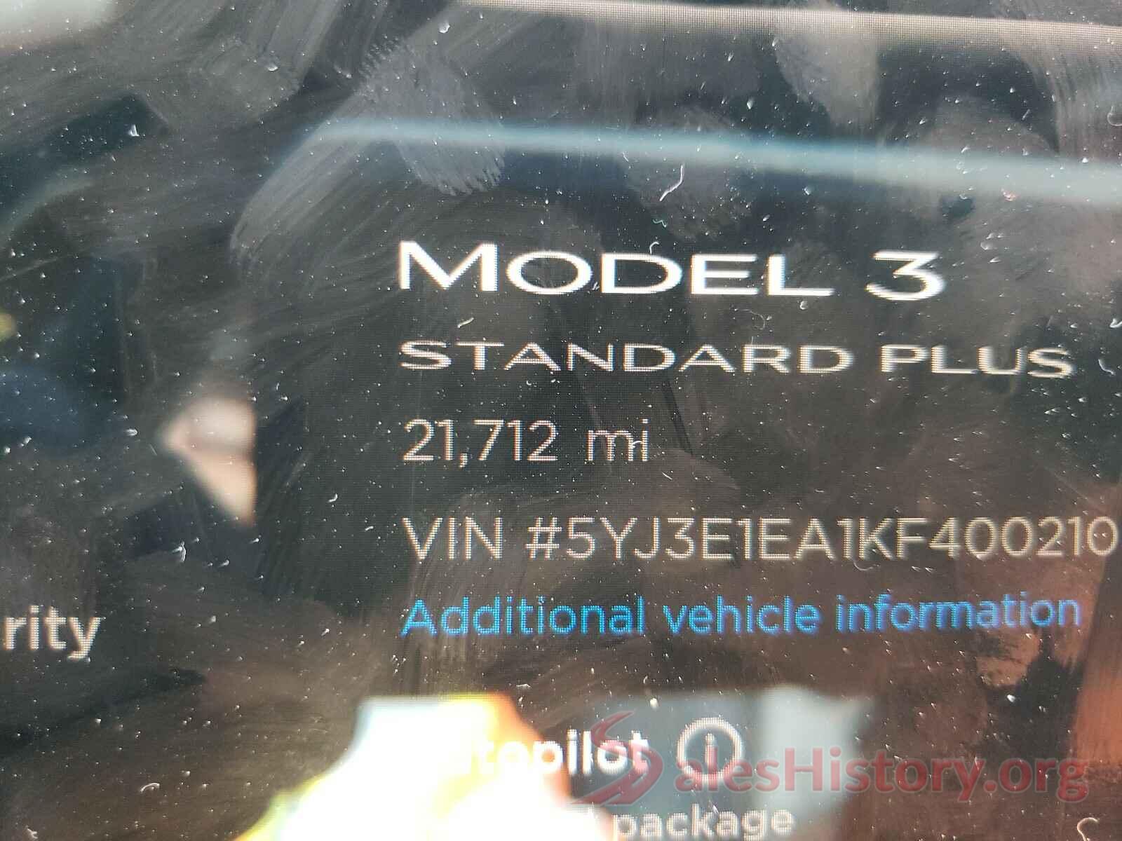 5YJ3E1EA1KF400210 2019 TESLA MODEL 3