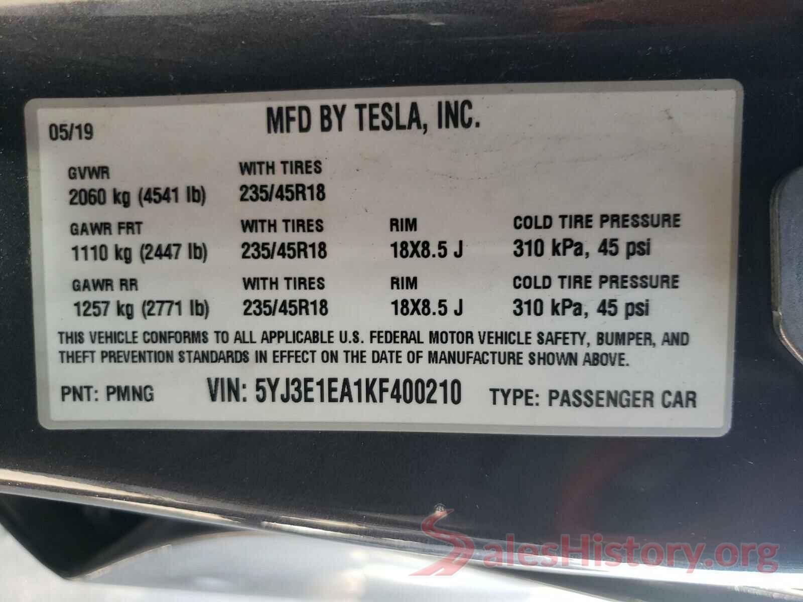 5YJ3E1EA1KF400210 2019 TESLA MODEL 3