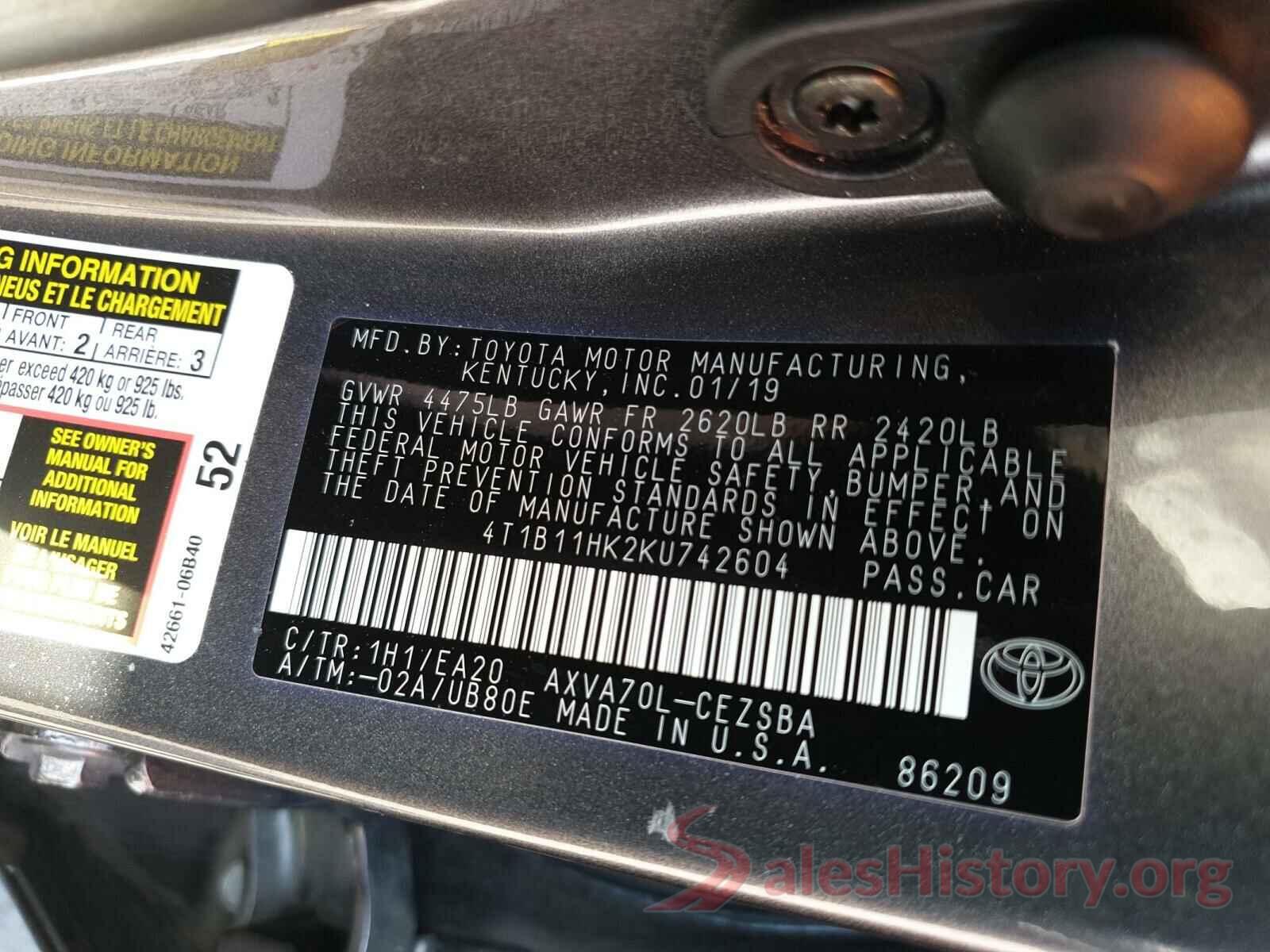 4T1B11HK2KU742604 2019 TOYOTA CAMRY