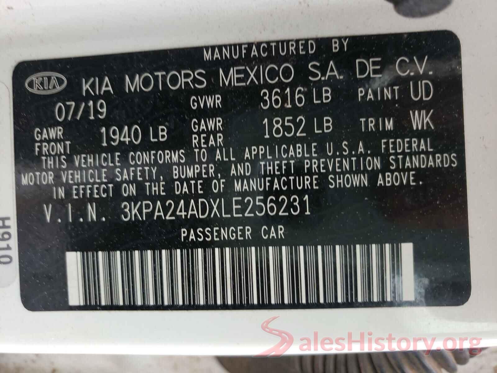 3KPA24ADXLE256231 2020 KIA RIO