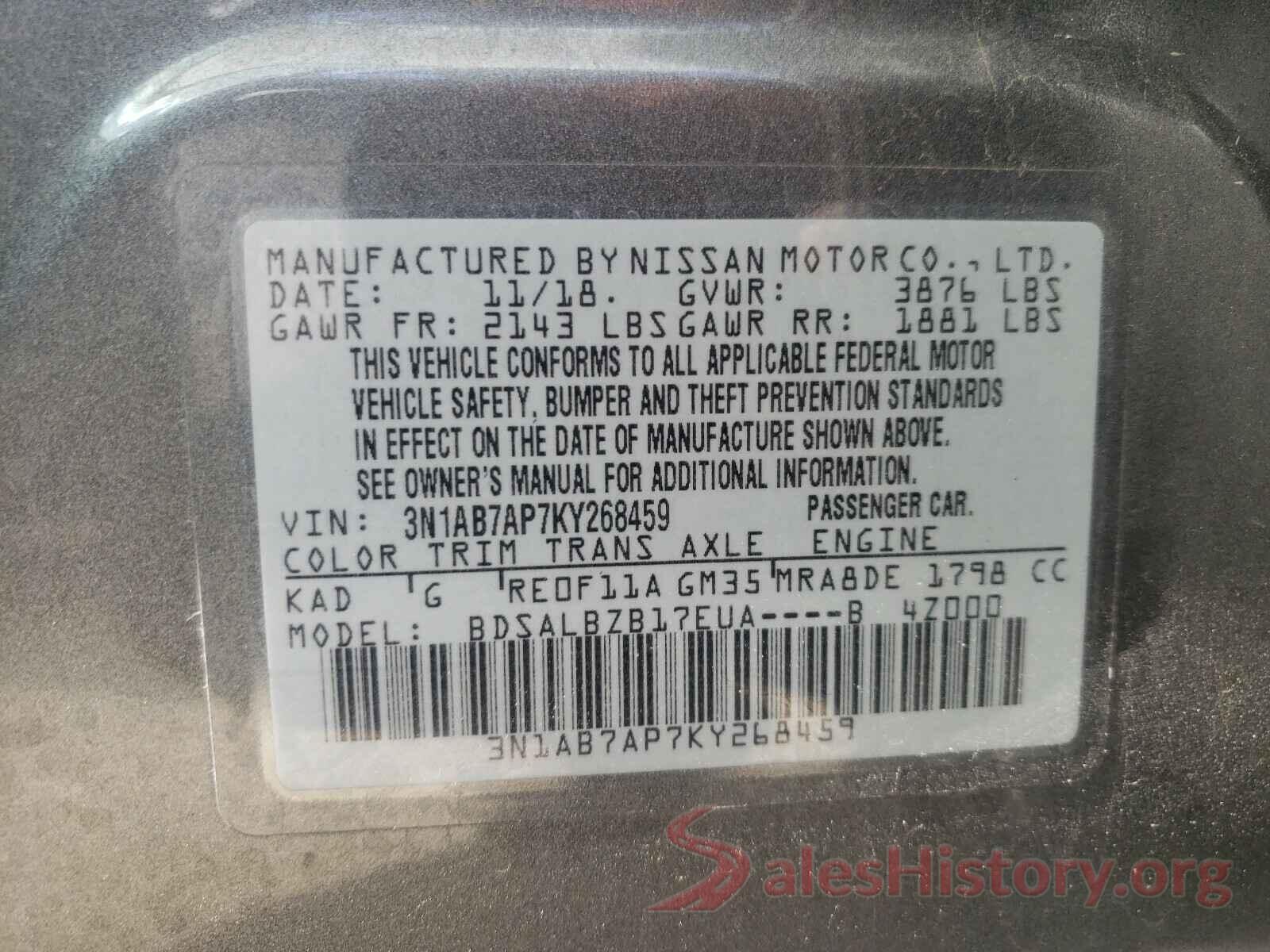 3N1AB7AP7KY268459 2019 NISSAN SENTRA