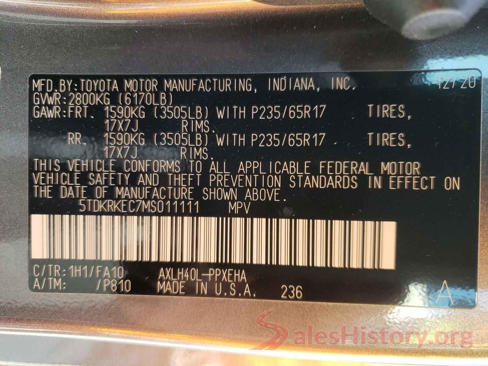 5TDKRKEC7MS011111 2021 TOYOTA SIENNA