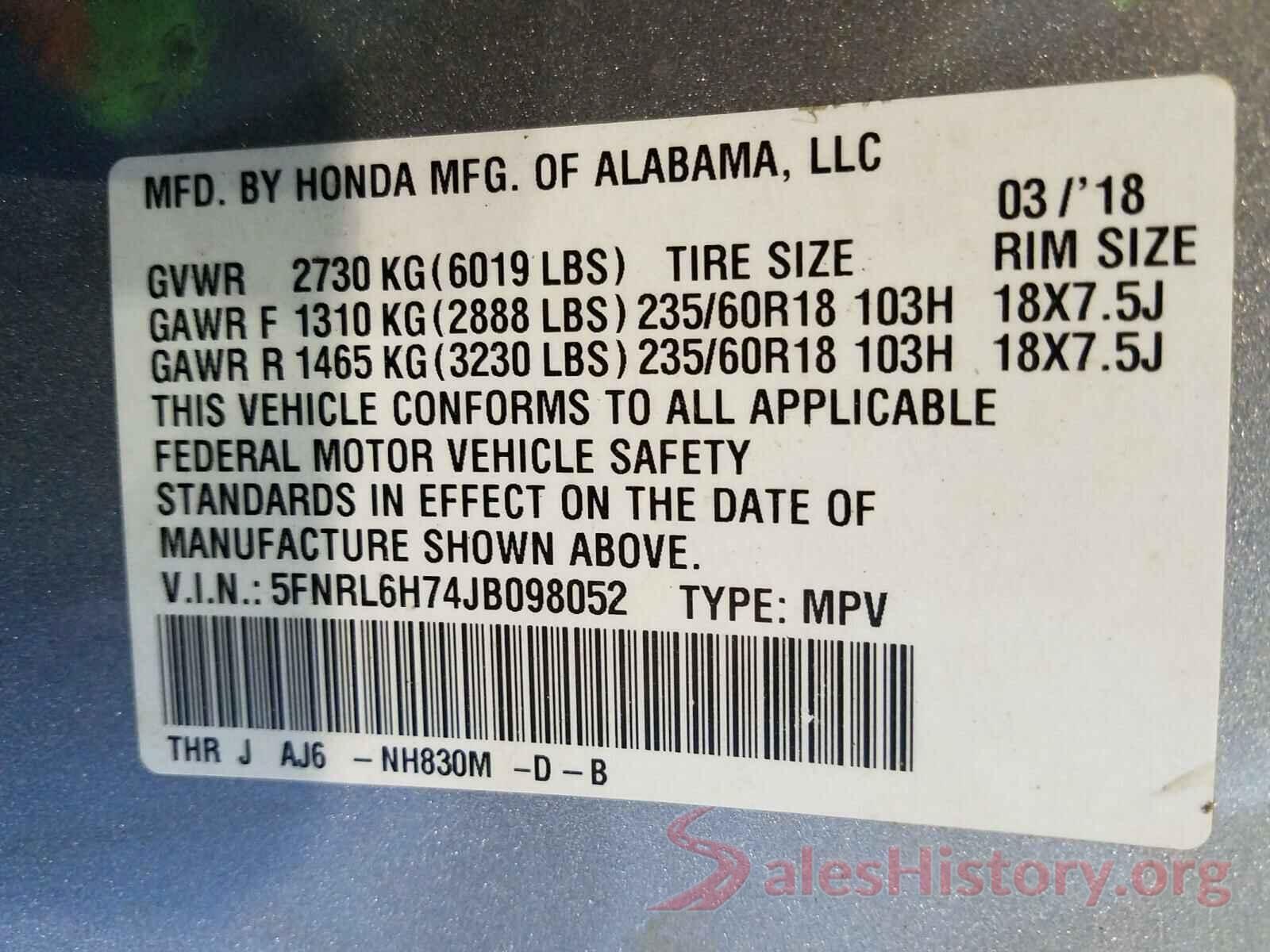 5FNRL6H74JB098052 2018 HONDA ODYSSEY