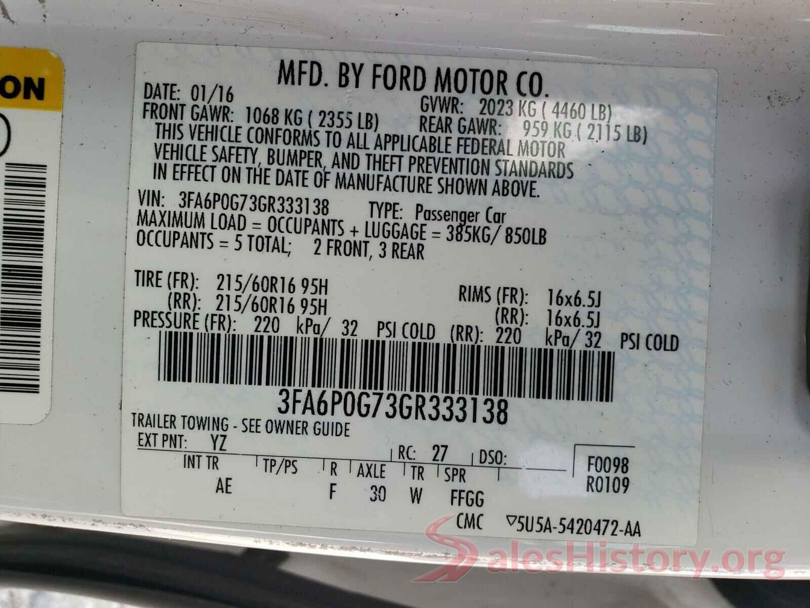 3FA6P0G73GR333138 2016 FORD FUSION