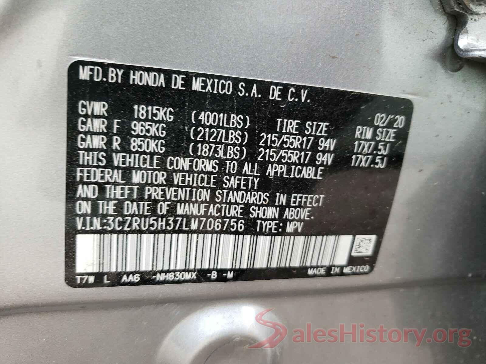 3CZRU5H37LM706756 2020 HONDA HR-V