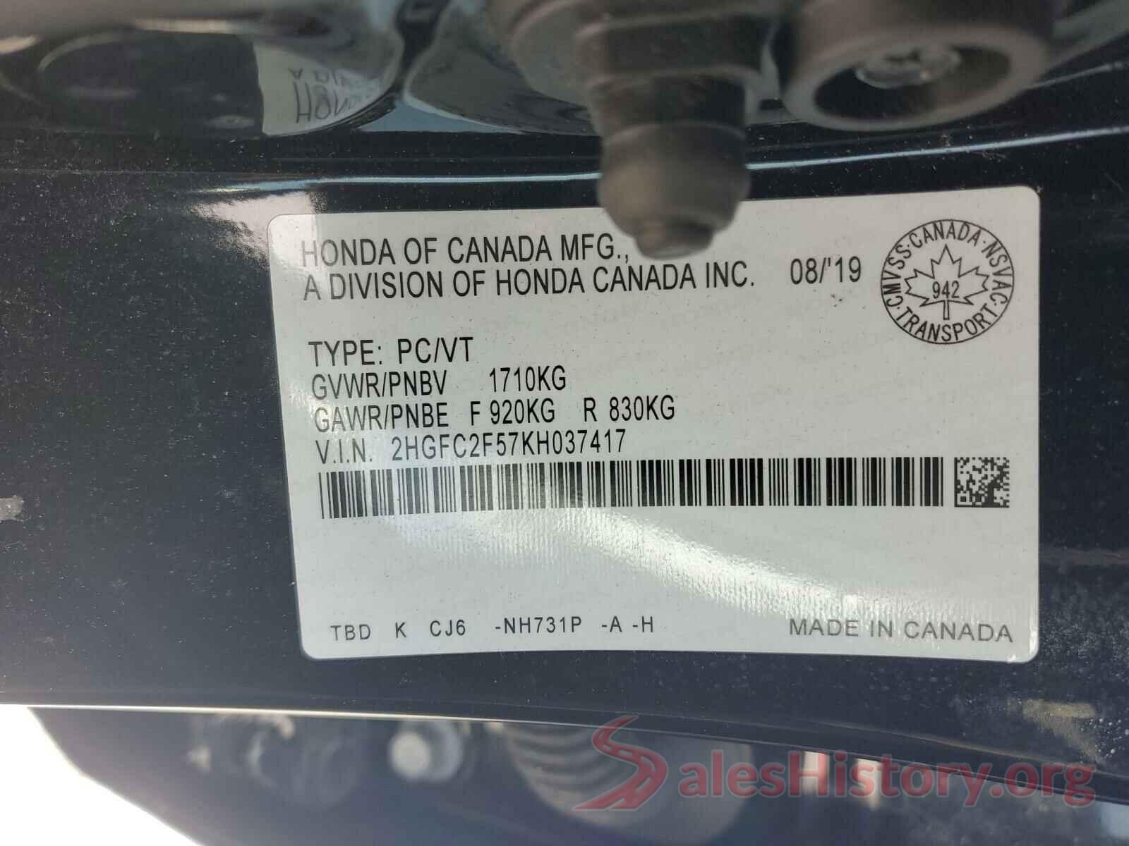 2HGFC2F57KH037417 2019 HONDA CIVIC