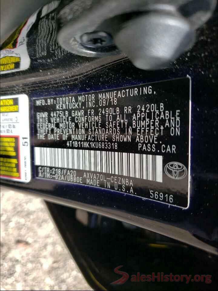 4T1B11HK1KU683318 2019 TOYOTA CAMRY