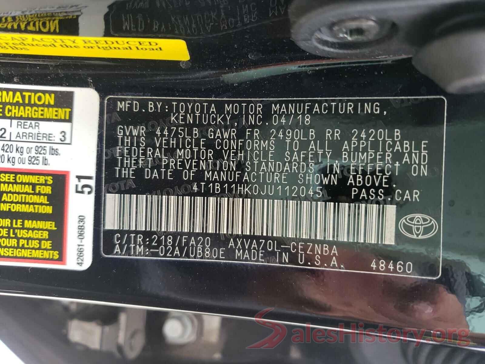 4T1B11HK0JU112045 2018 TOYOTA CAMRY