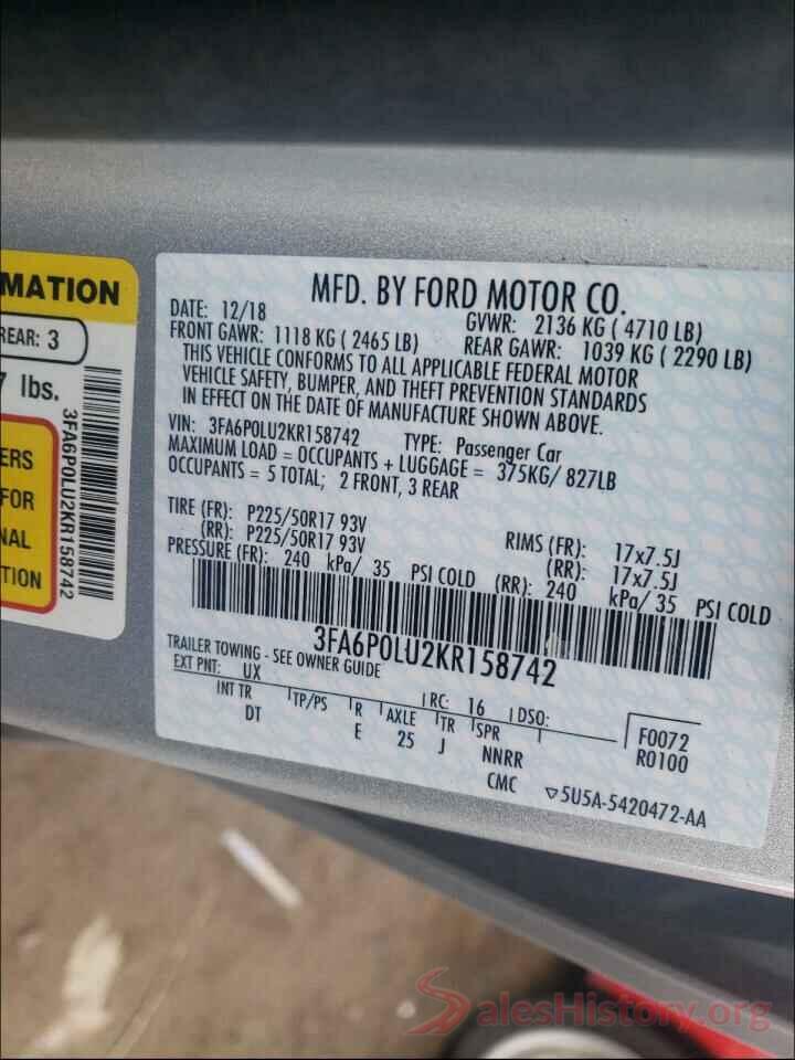 3FA6P0LU2KR158742 2019 FORD FUSION