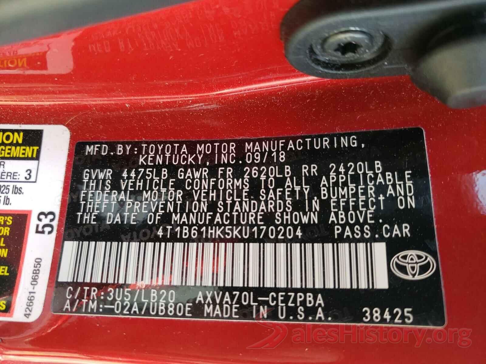 4T1B61HK5KU170204 2019 TOYOTA CAMRY