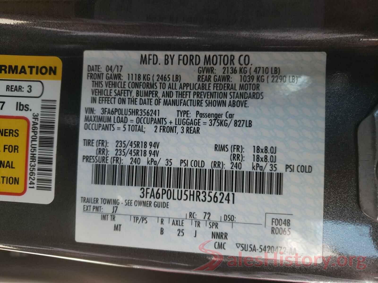 3FA6P0LU5HR356241 2017 FORD FUSION