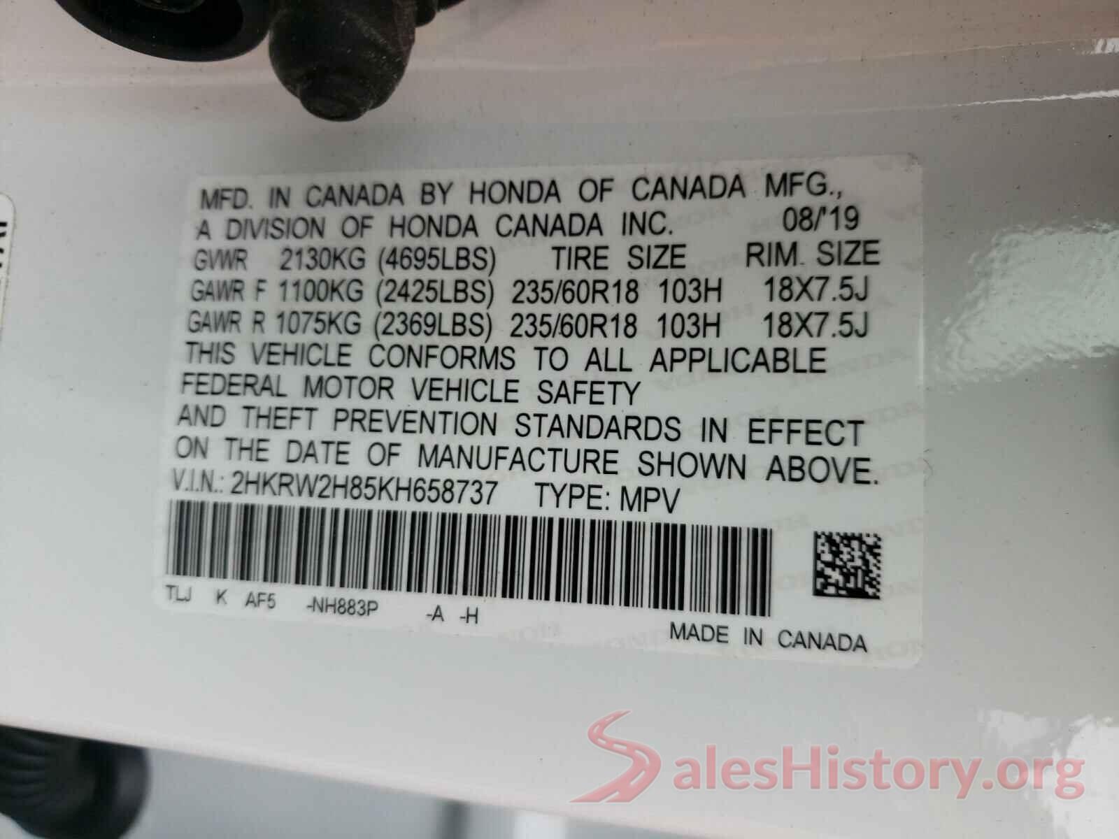 2HKRW2H85KH658737 2019 HONDA CRV