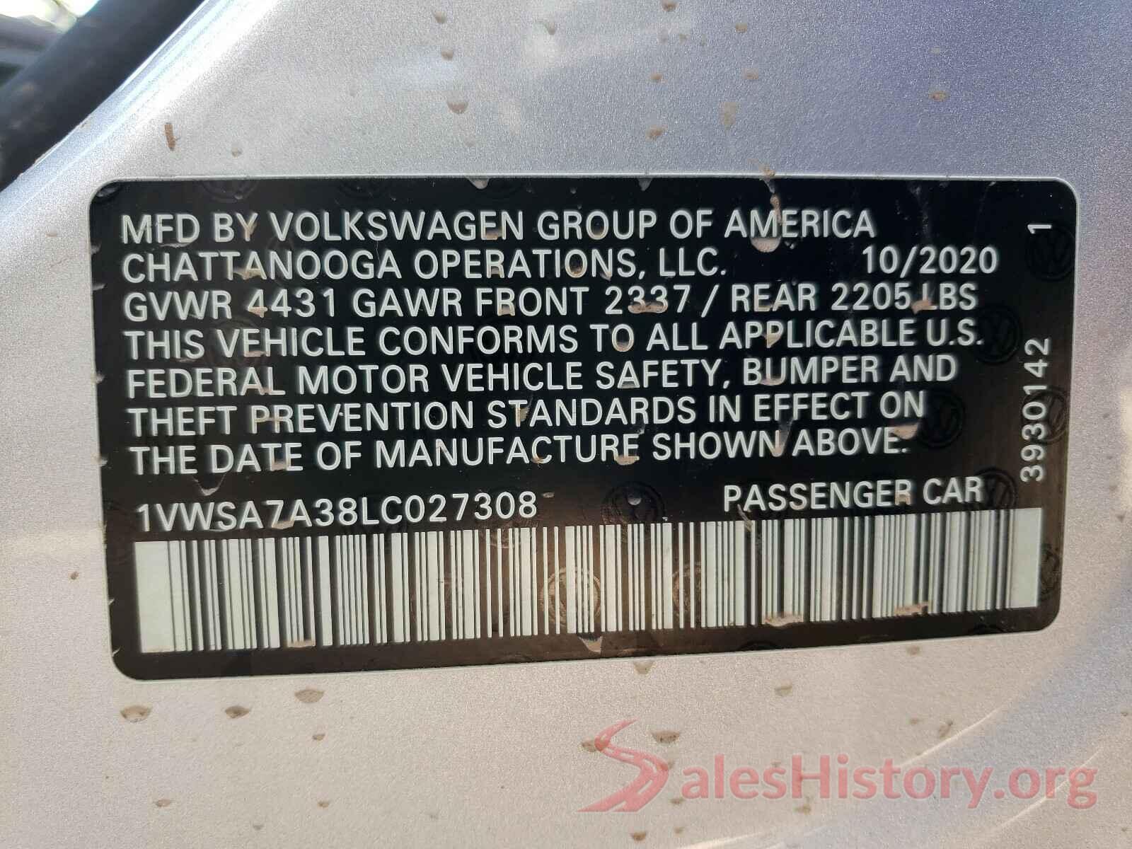 1VWSA7A38LC027308 2020 VOLKSWAGEN PASSAT