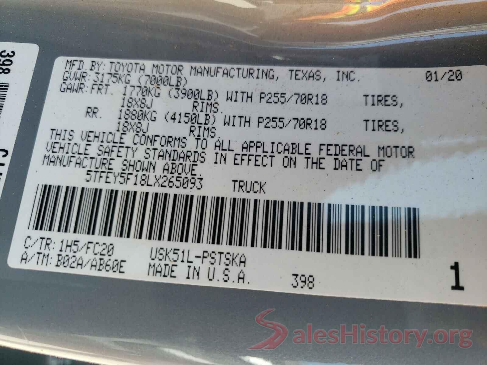 5TFEY5F18LX265093 2020 TOYOTA TUNDRA