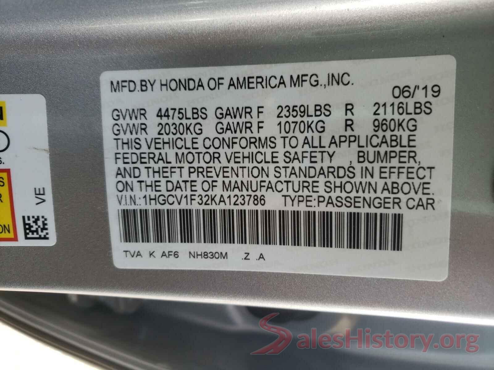 1HGCV1F32KA123786 2019 HONDA ACCORD