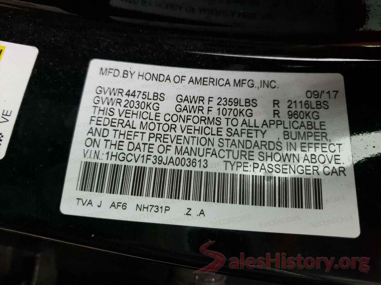 1HGCV1F39JA003613 2018 HONDA ACCORD